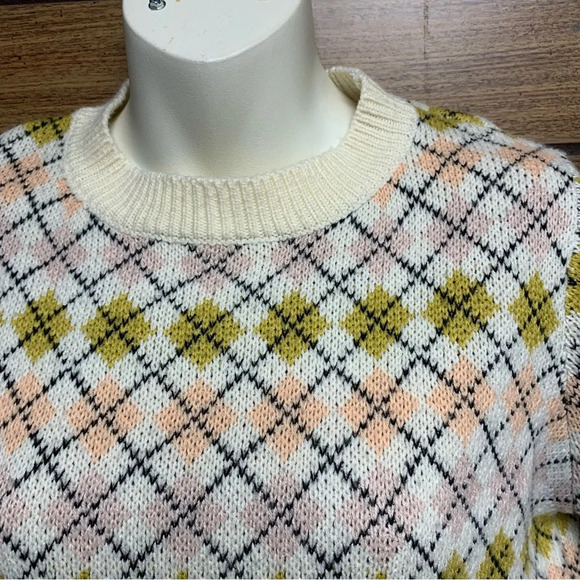 Willow & Root XL cropped sweater argyle style cream/green/pink - Picture 2 of 6